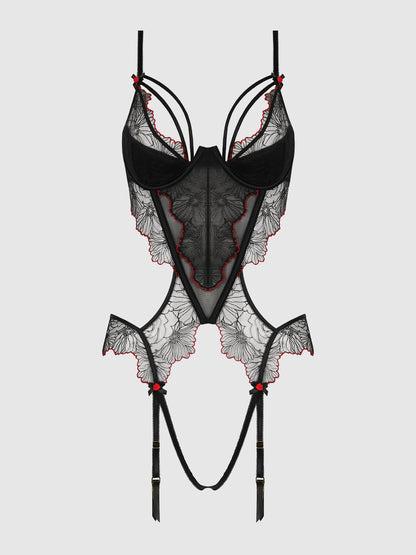 ILENA EMBROIDERED TULLE CROTCHLESS & OPEN BACK TEDDY