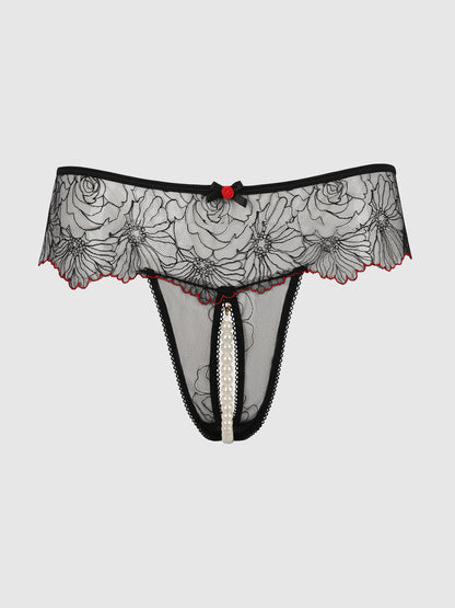 ILENA EMBROIDERED TULLE & PEARL CROTCHLESS THONG
