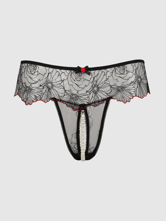 ILENA EMBROIDERED TULLE & PEARL CROTCHLESS THONG