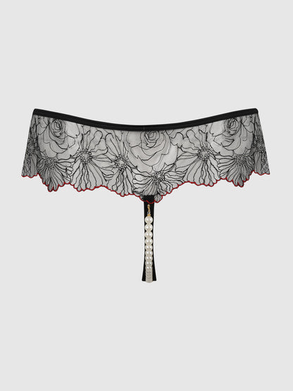 ILENA EMBROIDERED TULLE & PEARL CROTCHLESS THONG